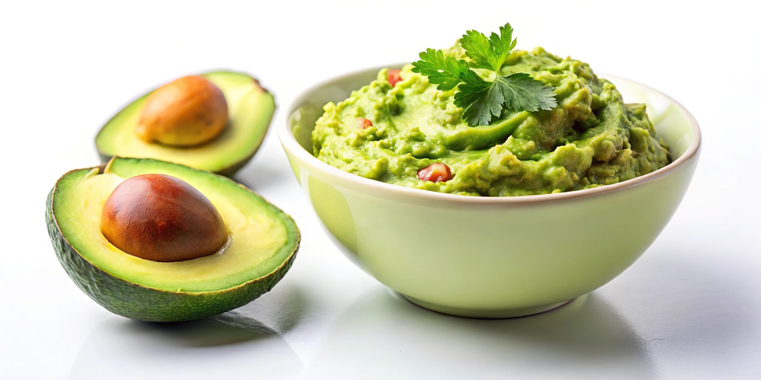 Bowl with guacamole and ripe avocado on white background with shallow depth of field